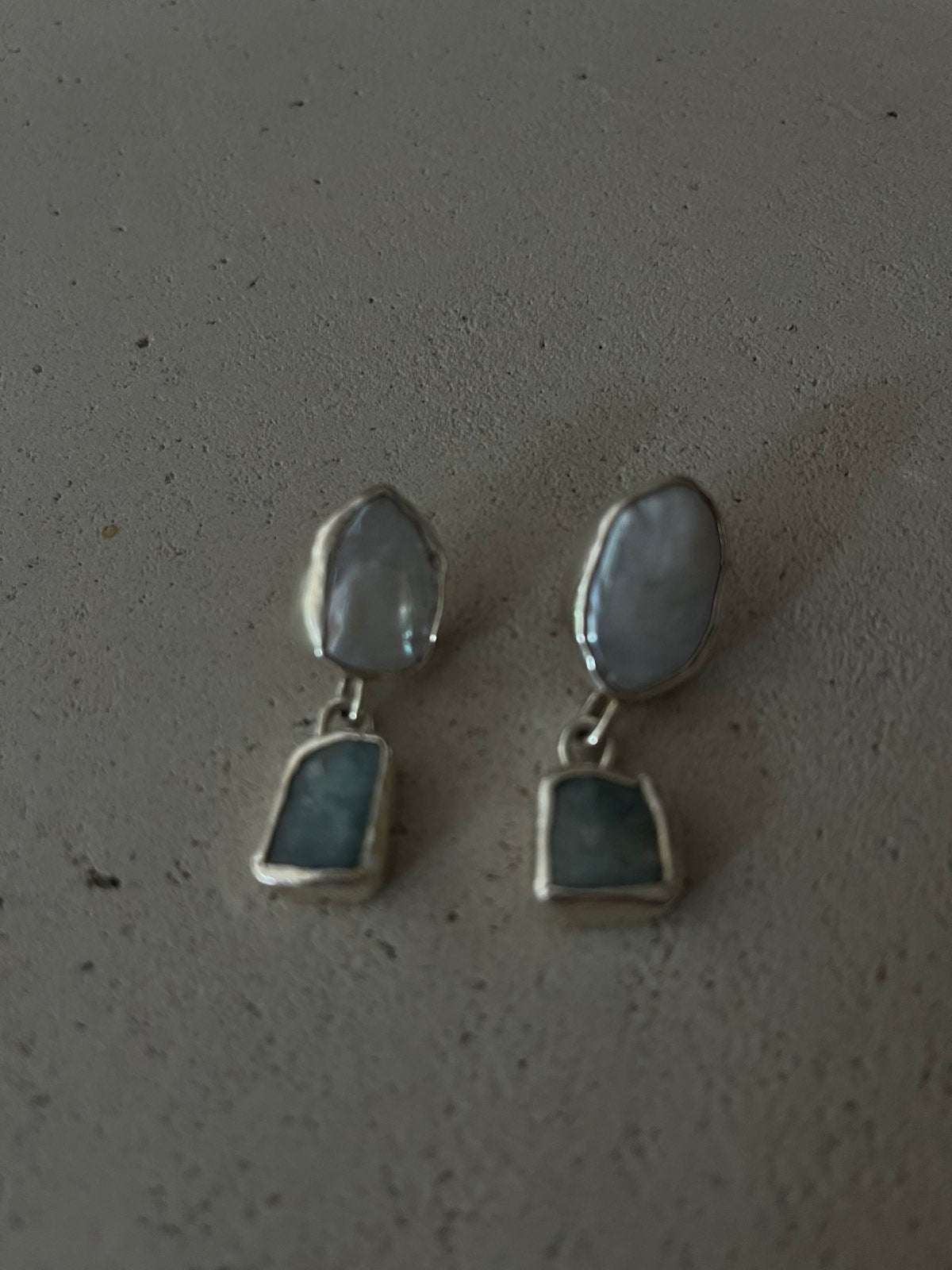 Marea Silver Earrings with Baroque Pearls and Raw Aquamarines