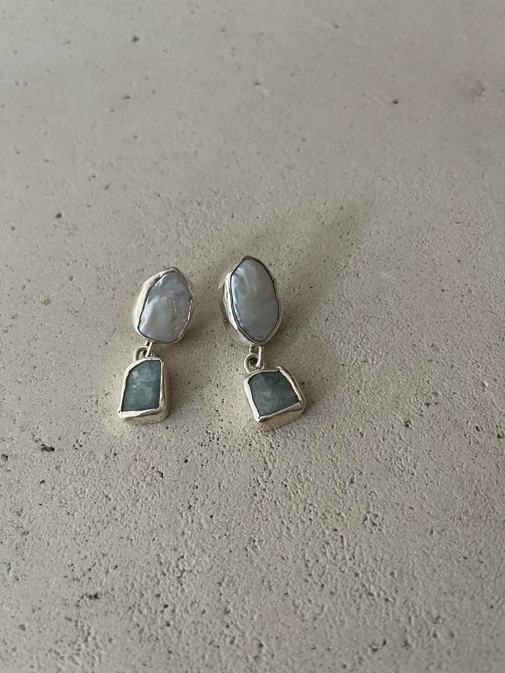 Marea Silver Earrings with Baroque Pearls and Raw Aquamarines