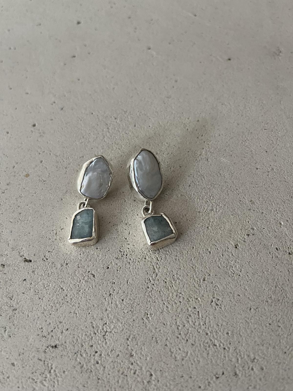 Marea Silver Earrings with Baroque Pearls and Raw Aquamarines