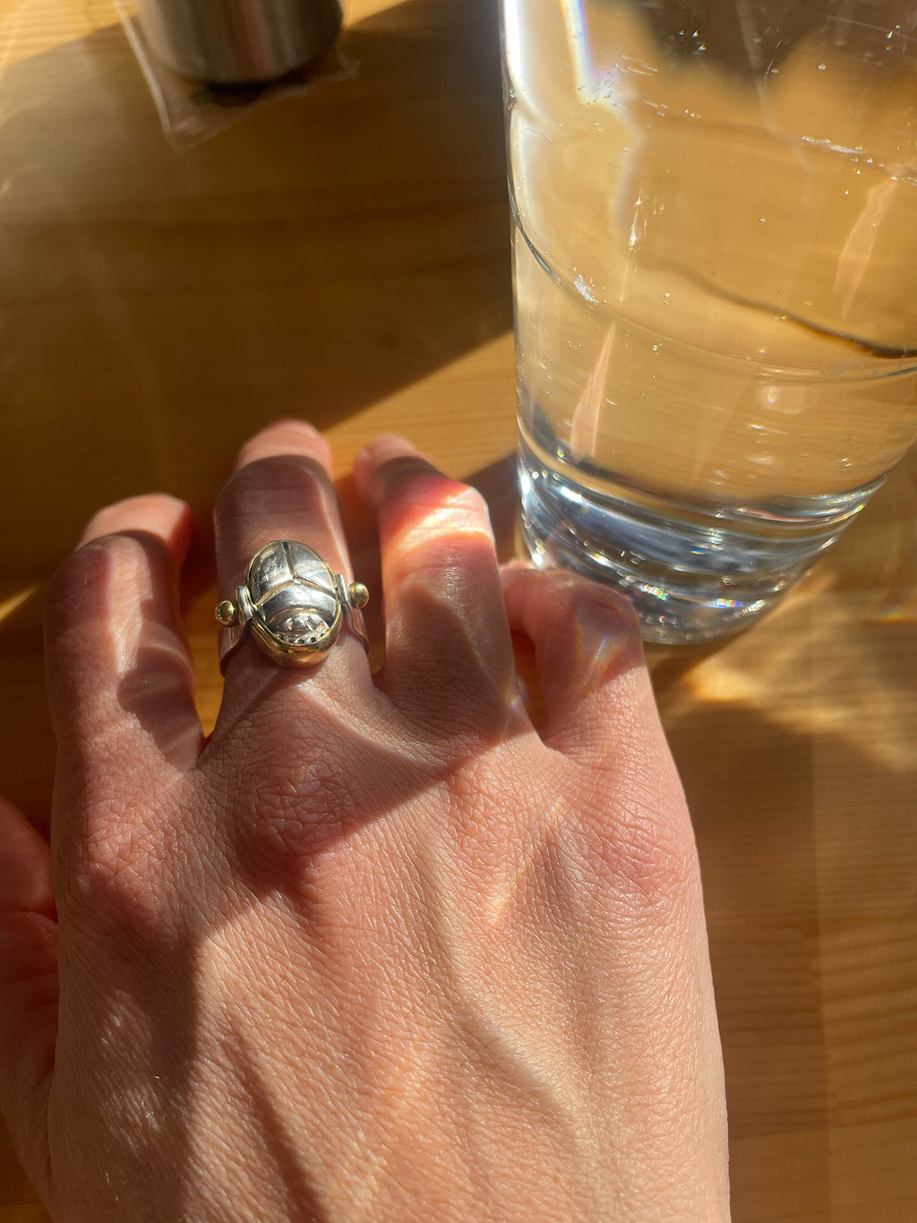 Egyptian Scarab Ring in Silver with Bronze details