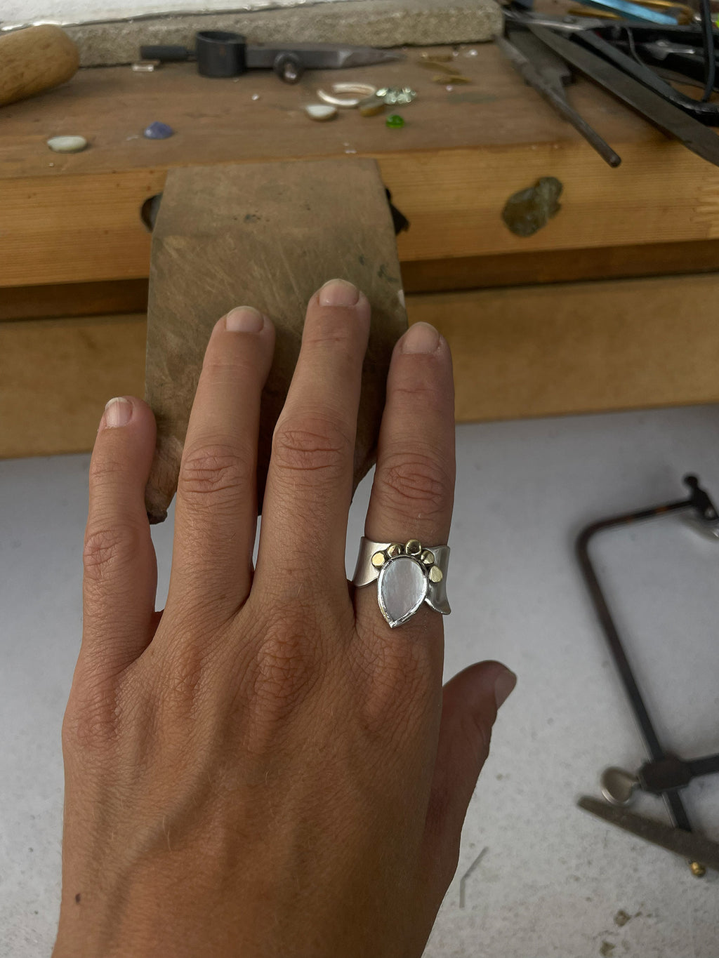 Sole Mothder of Pear Silver Ring with Bronze details