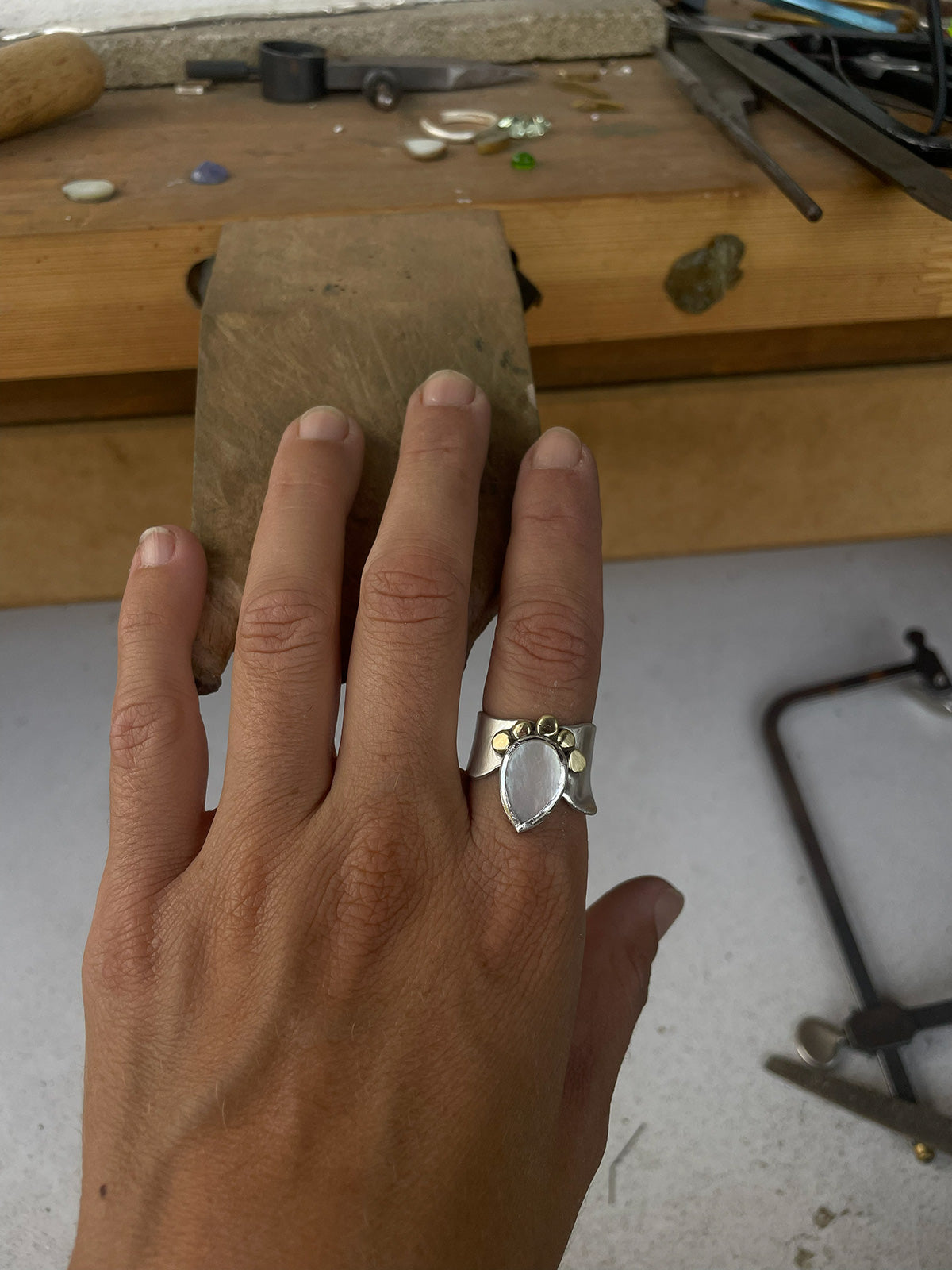 Sole Mothder of Pear Silver Ring with Bronze details