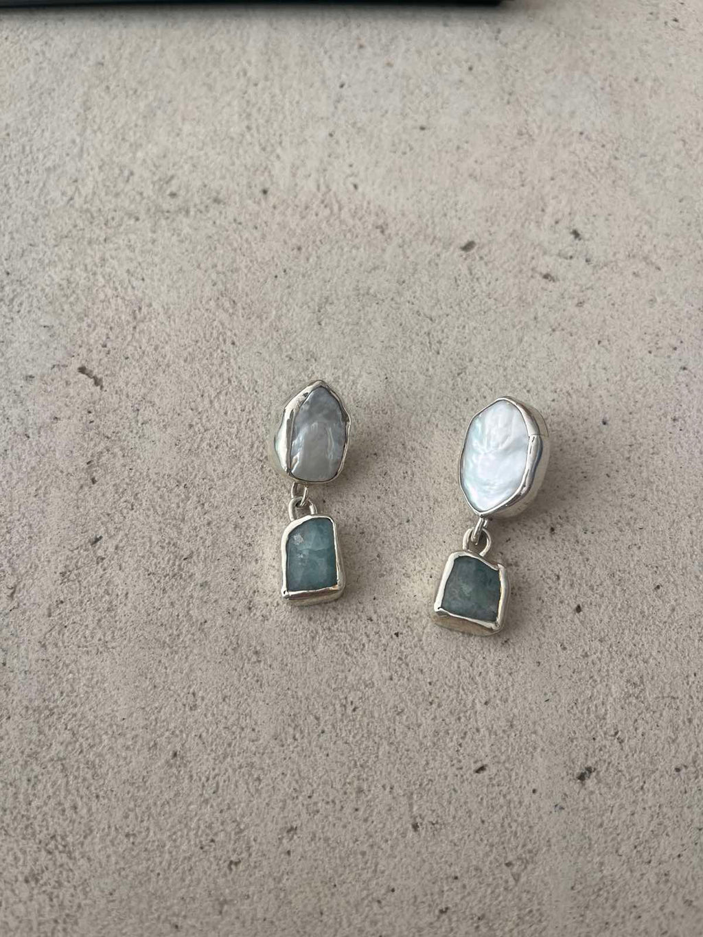 Marea Silver Earrings with Baroque Pearls and Raw Aquamarines