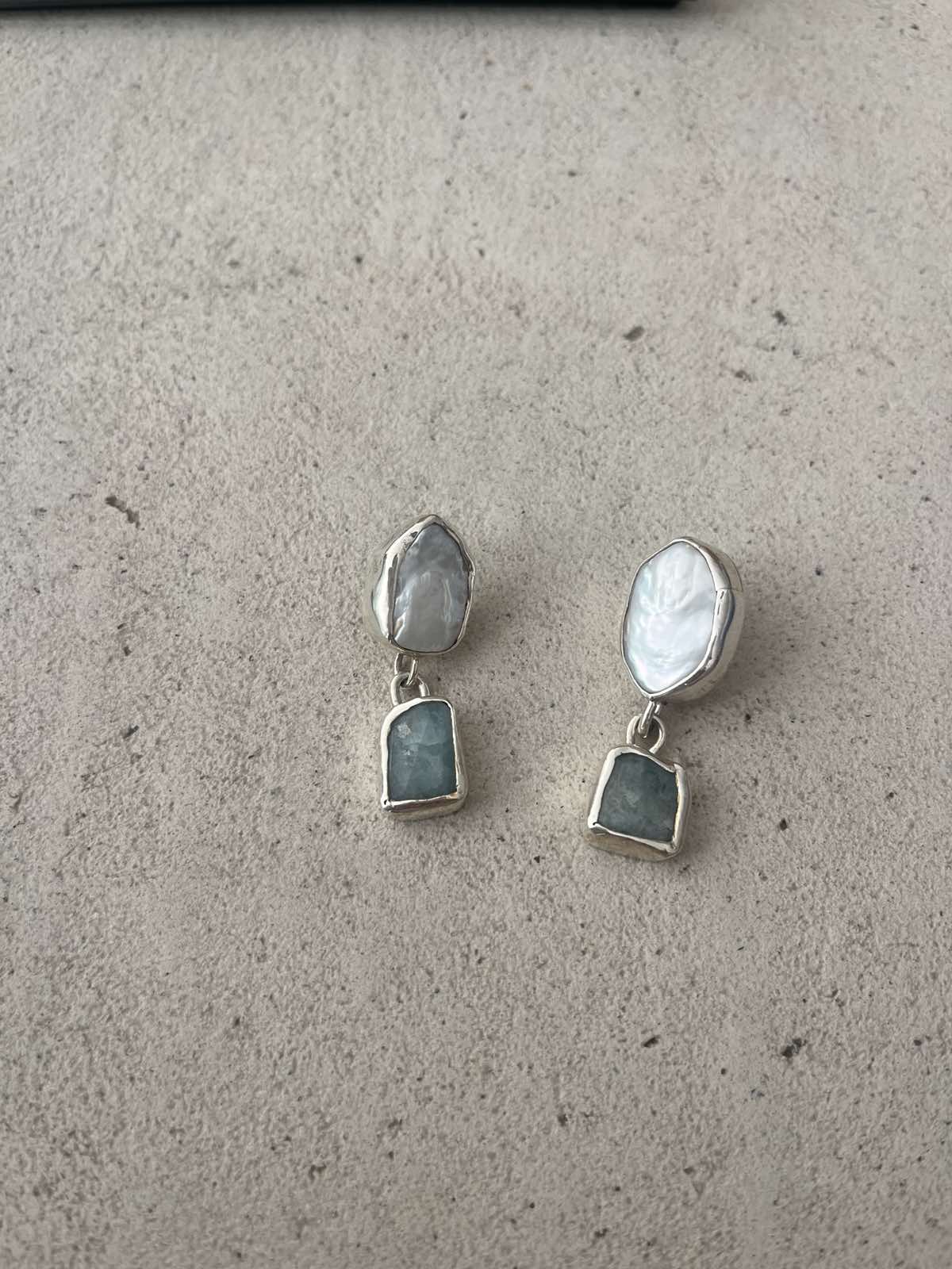 Marea Silver Earrings with Baroque Pearls and Raw Aquamarines