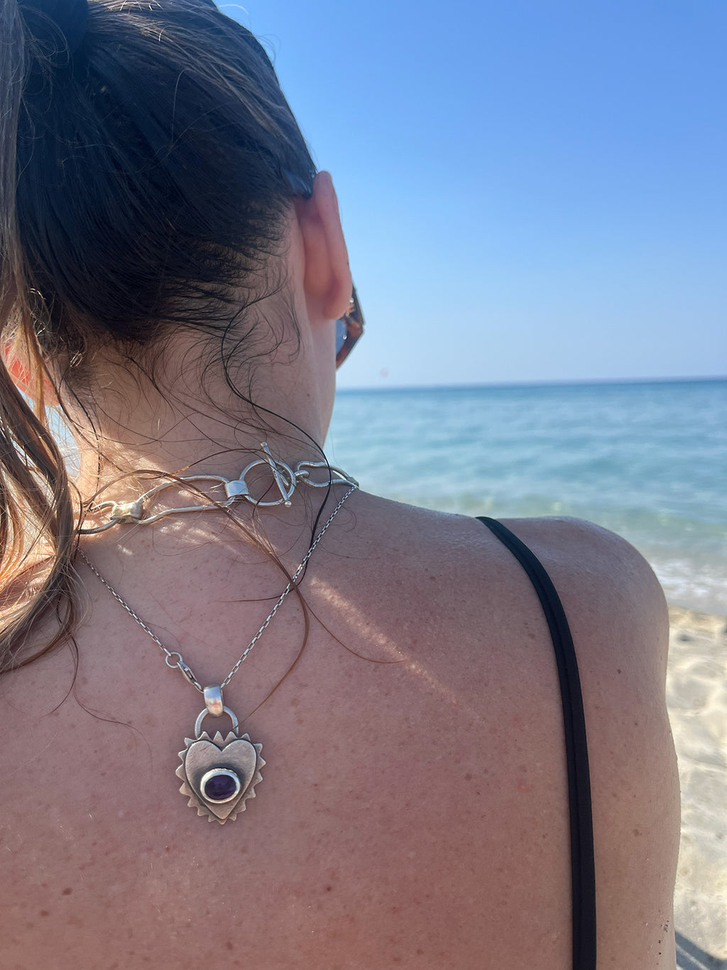 Metal Heart Silver Pendant with Amethyst stone