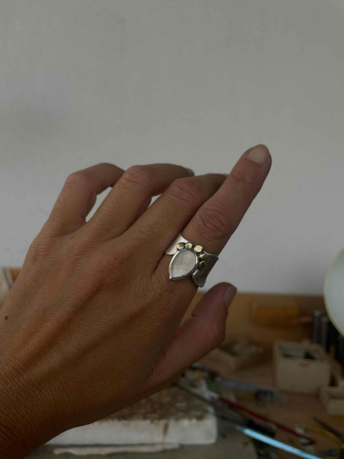 Sole Mothder of Pear Silver Ring with Bronze details
